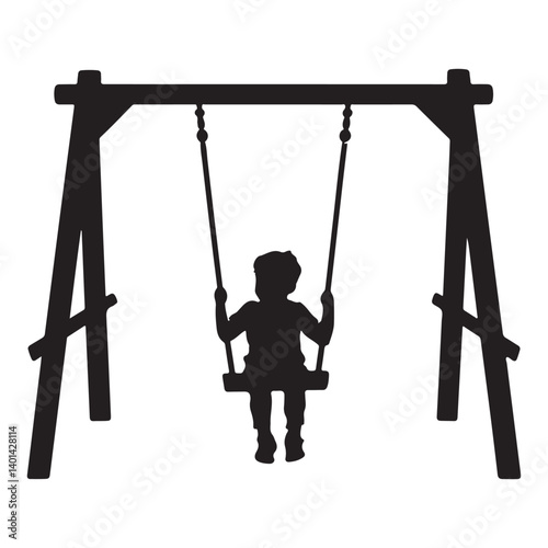 Black Silhouette of Child on Swing in Playground – Fun and Playful Illustration on White Background

