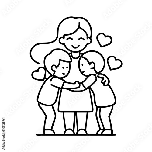 children hugging mom icon, children hugging mom line art - simple line art of children hugging mom, perfect for children hugging mom logos and icons