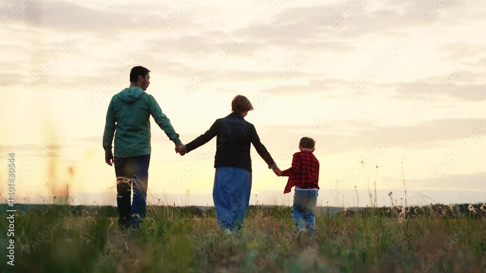Family takes stroll along valley relishing landscape as sun set over horizon. Family walks on grassy valley. Family shares tranquil evening walking in verdant meadow immersed in beauty of surroundings Family takes stroll along valley relishing landscape as sun set over horizon. Family walks on grassy valley. Family shares tranquil evening walking in verdant meadow immersed in beauty of surroundings