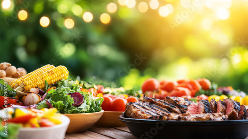 Summer barbecue garden party featuring sizzling grilled meat, charred corn, vibrant salads spread across rustic outdoor table