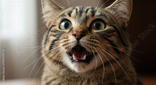 Surprised Tabby Cat with Open Mouth and Wide Eyes