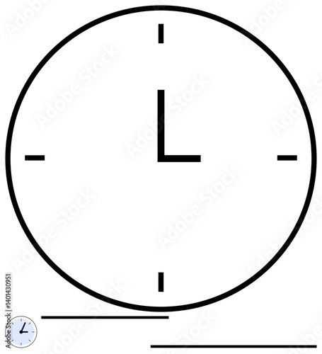 Black and white circular clock design with bold lines for hour markers and hands. Ideal for concepts thumbs up time management, punctuality, planning, organization, minimalism, productivity, flat