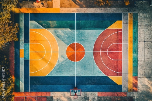 An aerial view of an outdoor basketball court with colorful geometric patterns, highlighting the vibrant symmetry of the painted surfaces.