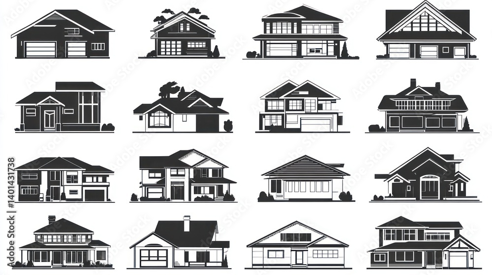 Several varied house designs depicted in black and white illustrations Several varied house designs depicted in black and white illustrations