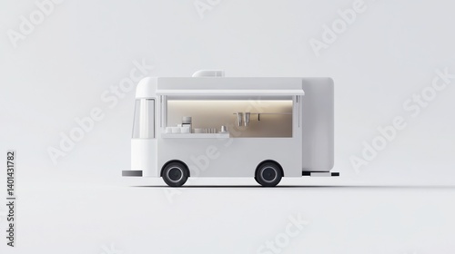 An AI-generated illustration of a minimalist food truck in white color, presented against a white background for modern and clean branding concepts.