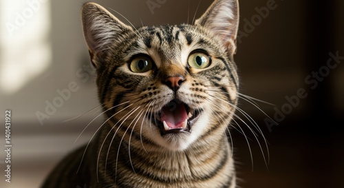 Surprised Tabby Cat with Open Mouth Looking Upward