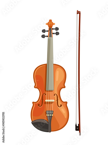 Violin with bow. Instrument of philharmonic orchestra. Vector illustration