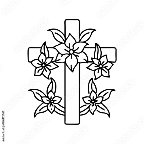 cross with lilies icon, cross with lilies line art - simple line art of cross with lilies, perfect for cross with lilies logos and icons