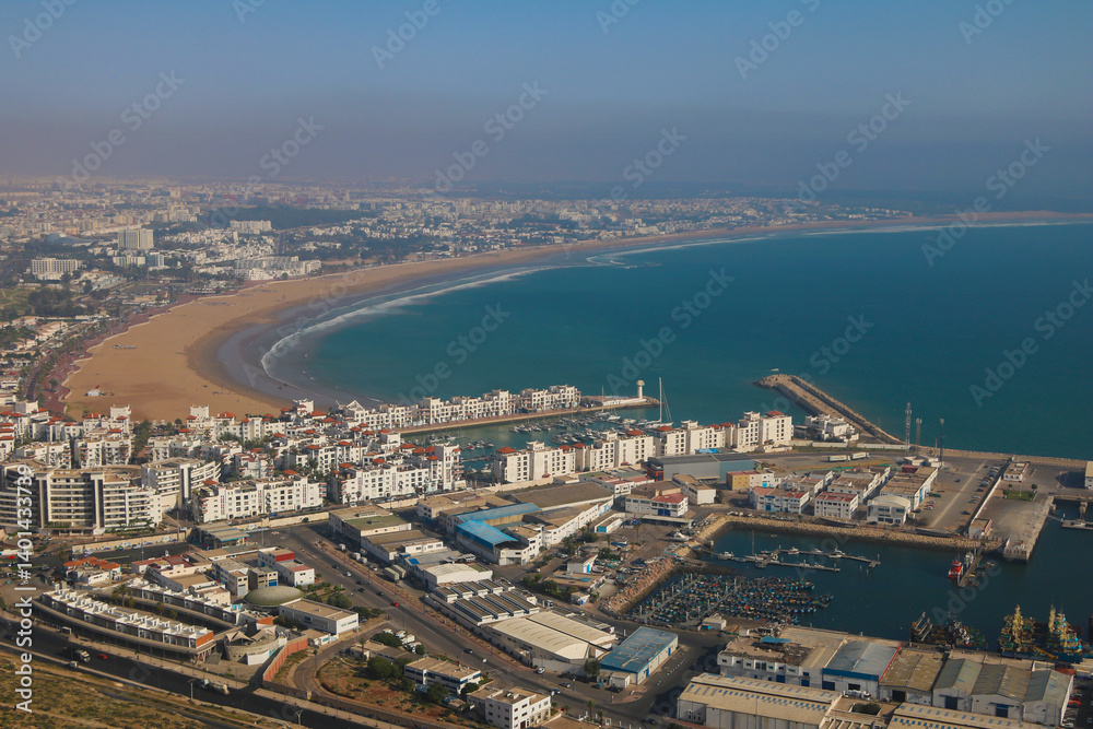 Fototapeta premium Coastal scene of agadir city, sandy agadir beach and skyline