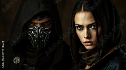 Mysterious characters in dark clothing stand closely together their intense expressions evoking suspense in an ominous environment with low light