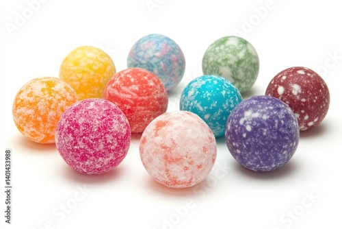 An assortment of colorful bubble gum balls, showcasing bright, round candies arranged on a white background, exuding a fun, youthful vibe.