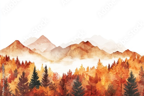 An autumn landscape, featuring watercolor paintings of mountains and forests, capturing the warm hues of fall, isolated on a white background.