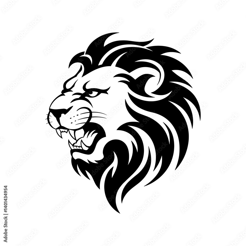 Fototapeta premium Roaring lion head mascot logo, black and white tribal lion tattoo art, fierce predator profile illustration for sports team branding and apparel
