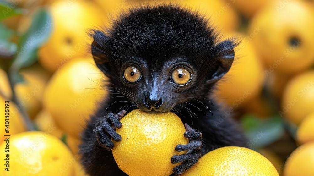 Fototapeta premium Adorable Black Lemur Baby Amongst Oranges