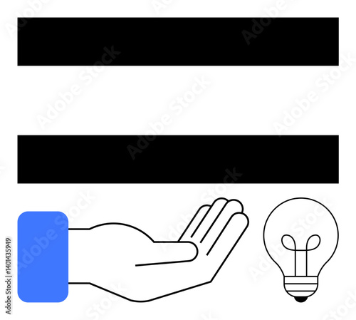 Open palm with blue cuff under lightbulb and two horizontal bars. Ideal for innovation, support, equality, creativity, ideas, fairness, teamwork. A flat simple metaphor