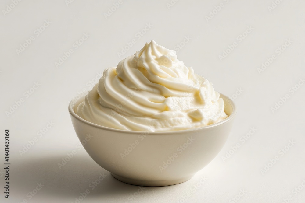 A luscious swirl of sour cream, rich and creamy, gently resting in a bowl against a white canvas. A luscious swirl of sour cream, rich and creamy, gently resting in a bowl against a white canvas.