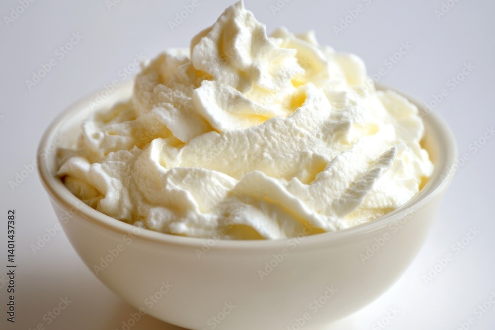 A luscious swirl of sour cream, rich and creamy, gently resting in a bowl against a white canvas. A luscious swirl of sour cream, rich and creamy, gently resting in a bowl against a white canvas.