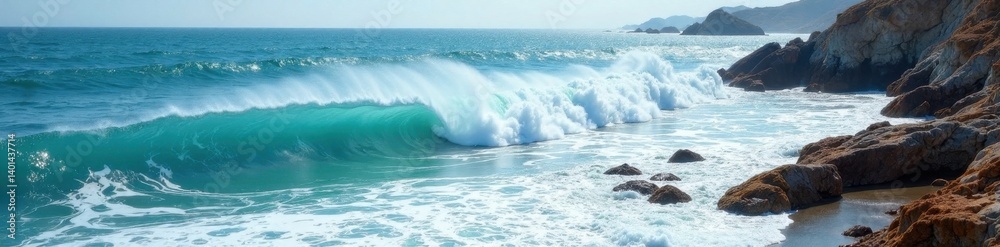 Fototapeta premium White capped waves rolling onto a rocky coastline, wild, grey, image