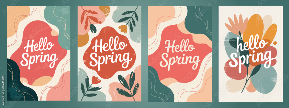 Naklejka premium Pastel Spring Vector Poster With Warm Tones Mint Green, Pink, Red Abstract Shapes