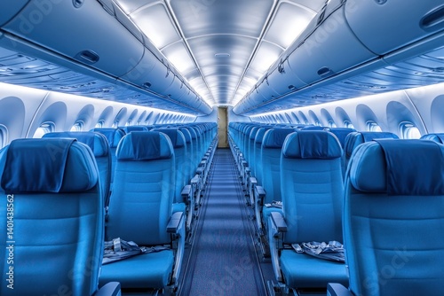An empty airplane cabin, with modern blue seats arranged in neat rows. The image showcases spacious design and comfort in air travel.