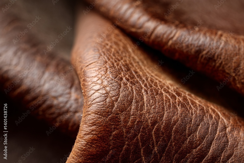 Fototapeta premium Macro shot captures the intricate texture of rich brown full-grain leather, highlighting its durability and luxurious appeal in natural lighting Generative AI