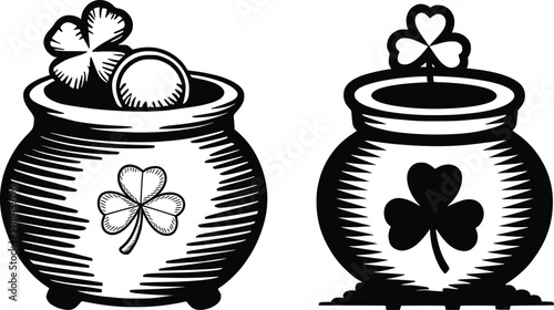 Pot of Gold Clipart with Shamrocks, St. Patrick’s Day Vector Icons
