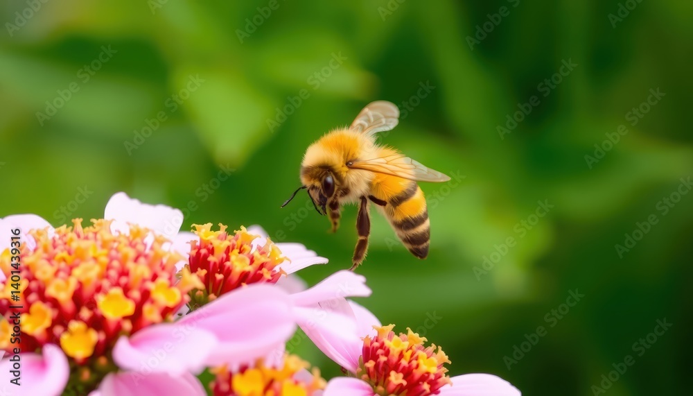 Honeybee in Flight Approaching Lantana Flower Honeybee in Flight Approaching Lantana Flower