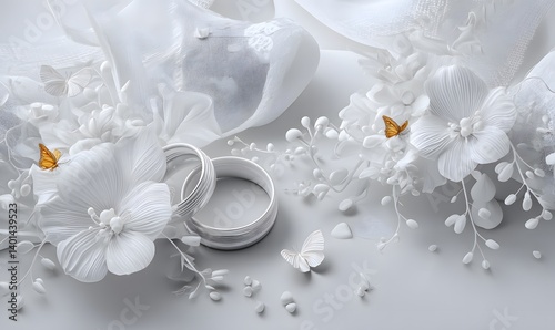 Two silver rings surrounded by white flowers and butterflies in a soft light setting