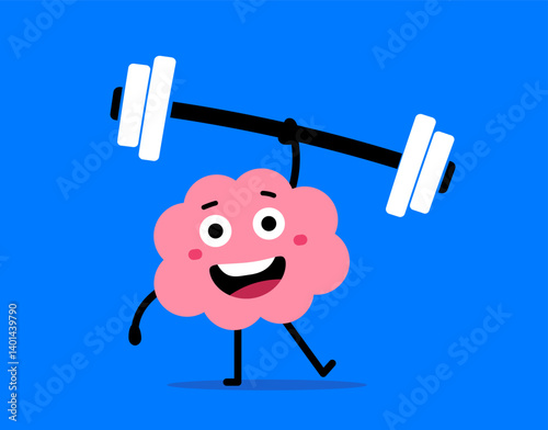 Vector illustration of cartoon strong and energy happy brain character make exercise with barbell on color background. Flat doodle style design of smile healthy brain lift weight easy