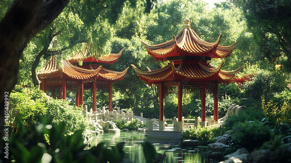 Fototapeta premium Traditional pagoda in lush forested hills under peaceful sky image
