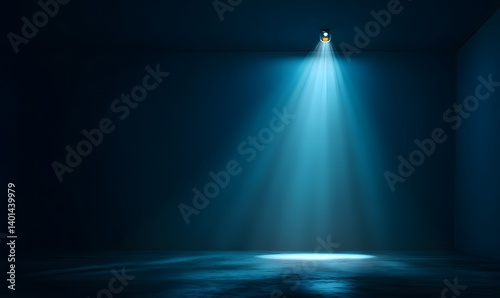 A single spotlight shining in a dark blue room illuminating the floor with a beam of light