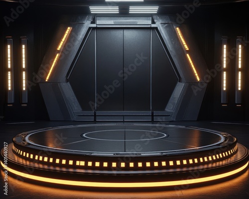 An empty circular platform with LED lights, designed as a futuristic TV game show stage, perfect for various virtual shows, news, interviews, and product launches.