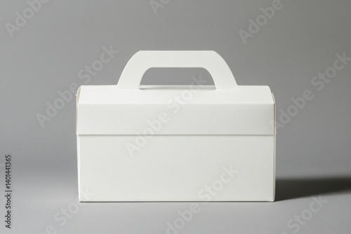 An empty white cardboard pastry box with a handle sits against a neutral gray background. The simple design makes it ideal for product branding, customization, and cake or cookie delivery.