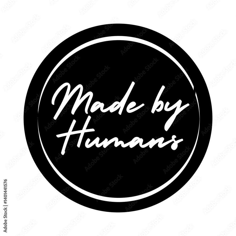 Made by humans badge. Human made logo. Handcrafted Calligraphic text for artisan craft, artist.