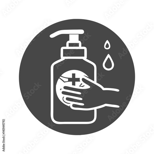 Hand sanitizer bottle with pump and hand applying soap  