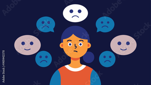 Conflicted Emotions A person with multiple overlapping thought bubbles showing happy faces and sad faces representing the internal conflict of emotional labor.