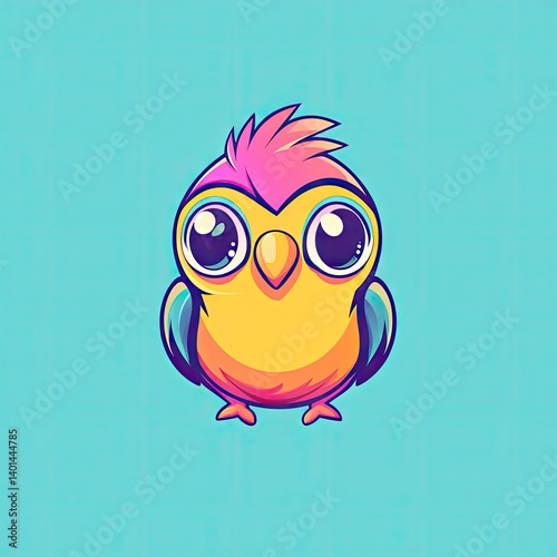 A cheerful, colorful cartoon bird with big eyes.