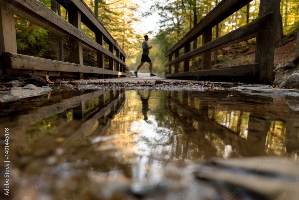 A runner strides across a small wooden bridge surrounded by lush trees, with a clear puddle reflecting the vibrant scenery on a sunny afternoon Generative AI A runner strides across a small wooden bridge surrounded by lush trees, with a clear puddle reflecting the vibrant scenery on a sunny afternoon Generative AI