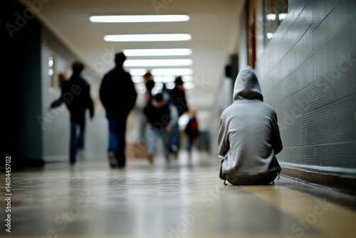A student sits quietly against the wall in a school hallway wearing a hoodie. Classmates pass by, eating and chatting during lunch, creating a lively atmosphere Generative AI