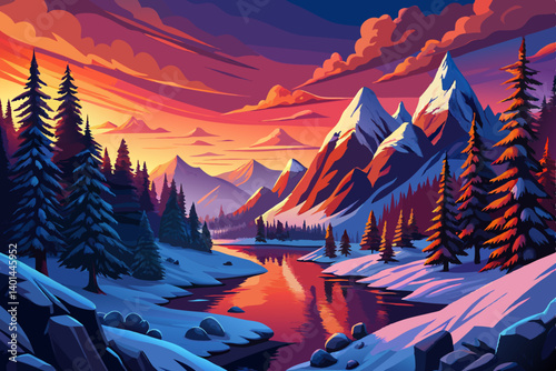 Mountain peak view landscape with sunrise soft light and river. vector illustration background, winter valley at golden hour with pine trees