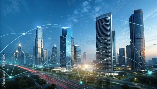 Wallpaper Mural Smart City Network with Modern Skyscrapers and Digital Connections at Dusk Torontodigital.ca