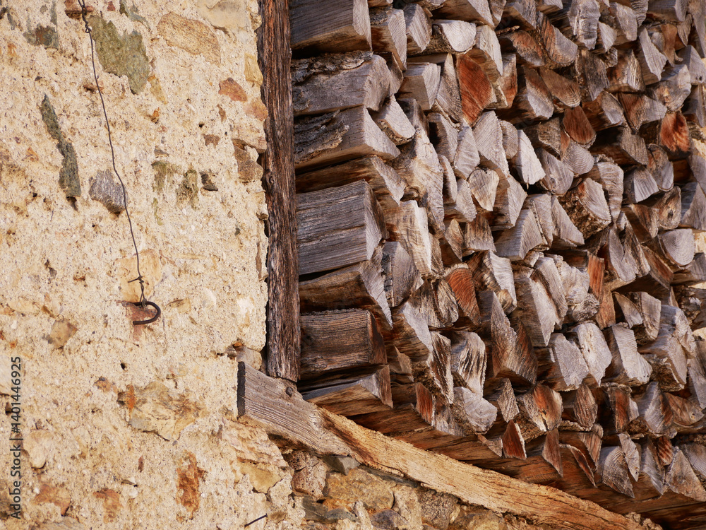 old house wall with stacked dry firewood included