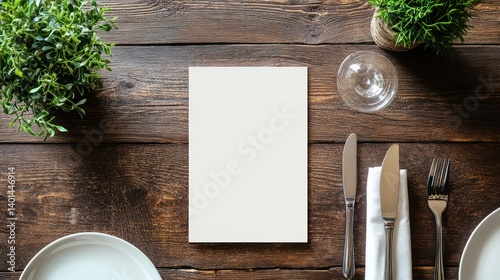 Blank menu sheet placed in the center of a rustic wooden restaurant table, with a potted plant, plate, and silver cutlery placed around it