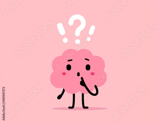 Vector illustration of cute cartoon happy brain kid character with question and exclamation mark on pink color background. Flat doodle design style of think brain character ask question