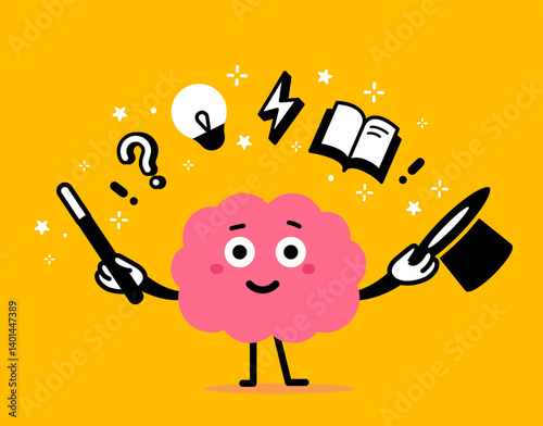 Vector illustration of cute cartoon happy brain character make trick with magic wand and magician hat on color background. Flat doodle style design of smile brain think creative idea with light bulb