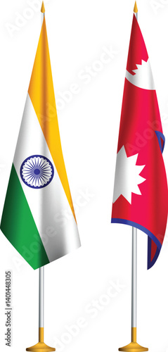 India,Nepal flags together.Indian and Nepali flags side by side