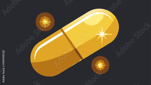 Golden Radiance Capsules with a golden glow reflecting light and sparkling effects around them to suggest luxury and premium quality.
