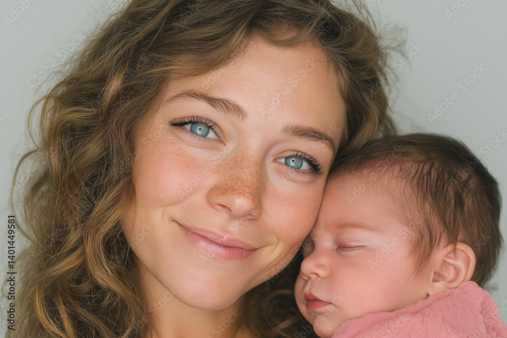 Portrait of young caucasian mother with blue eyes and freckles holding sleeping newborn baby against her cheek, warm family moment captured in soft studio lighting for motherhood or parenting themes Portrait of young caucasian mother with blue eyes and freckles holding sleeping newborn baby against her cheek, warm family moment captured in soft studio lighting for motherhood or parenting themes