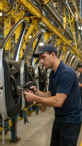 Wallpaper Mural A worker focuses on assembling car doors on a busy production line with numerous doors in a well-lit factory. The environment indicates a high level of industrial activity Torontodigital.ca