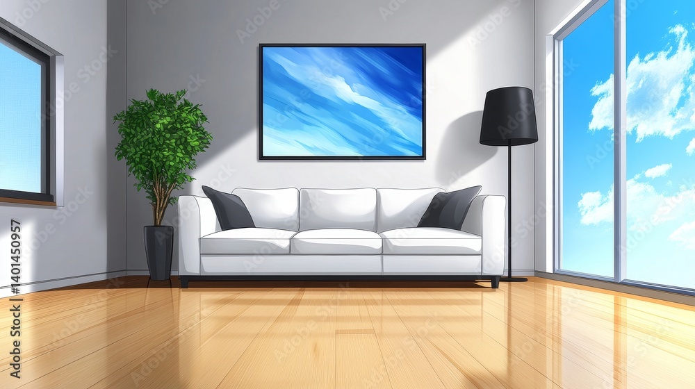 Fototapeta premium Modern Living Room with White Sectional Sofa and Blue Artwork - Relaxing living room, serene atmosphere, minimalist design, sunlight streaming, comfortable seating